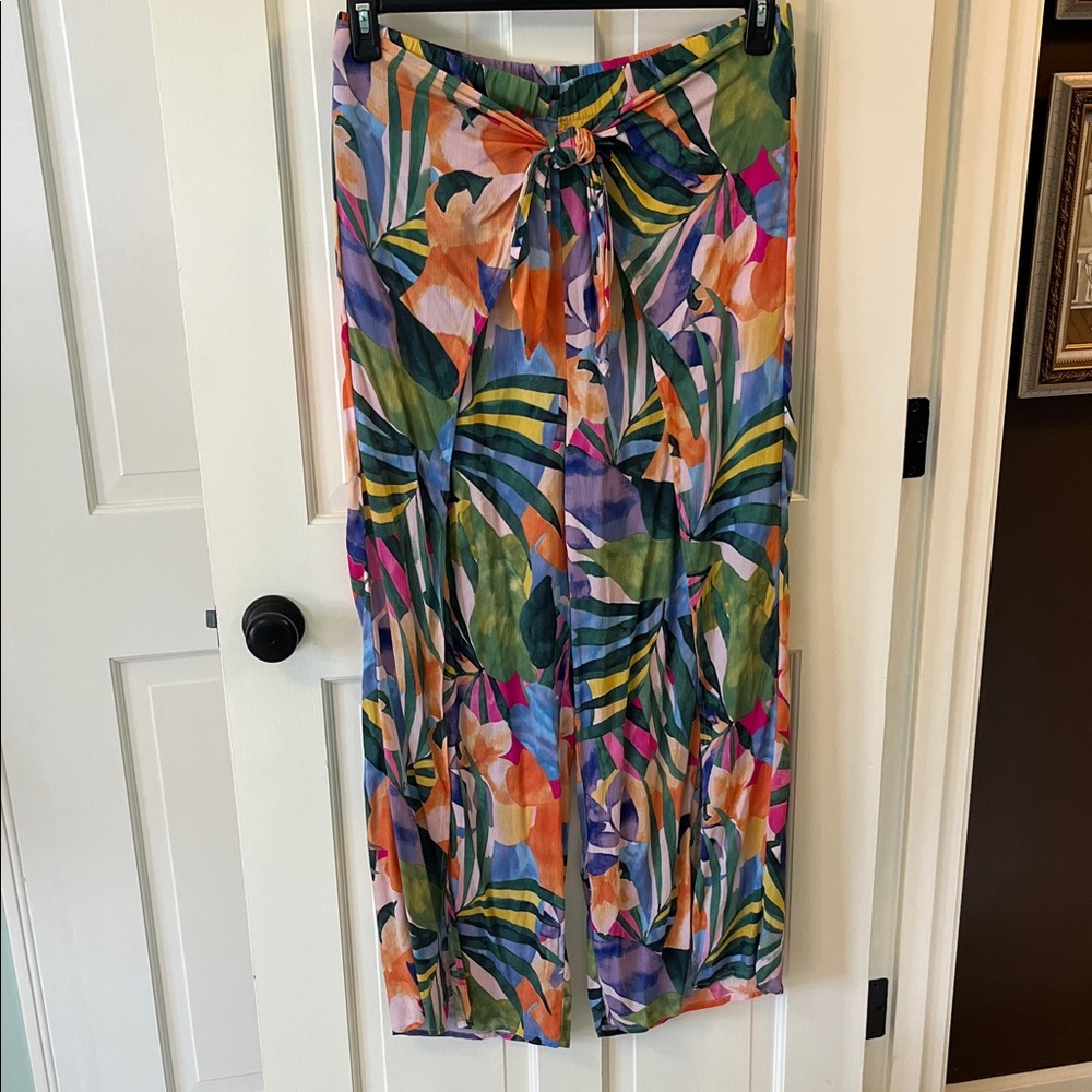 Palazzo Beach Coverup Pants with tie front  overlay  colorful tropical